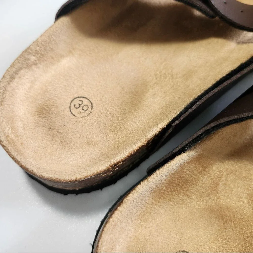 Brown Leather Upper Cork Bed Sandals, Side Snap/Buckle, Size 39 (Wm 8.5)